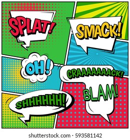 Abstract creative concept vector comic pop art style blank, layout template with clouds beams and isolated dots background. For sale banner, empty speech bubble set, illustration halftone book design