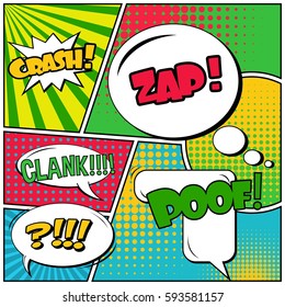 Abstract creative concept vector comic pop art style blank, layout template with clouds beams and isolated dots background. For sale banner, empty speech bubble set, illustration halftone book design