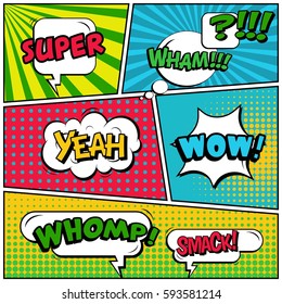 Abstract creative concept vector comic pop art style blank, layout template with clouds beams and isolated dots background. For sale banner, empty speech bubble set, illustration halftone book design