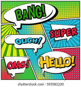 Abstract creative concept vector comic pop art style blank, layout template with clouds beams and isolated dots background. For sale banner, empty speech bubble set, illustration halftone book design
