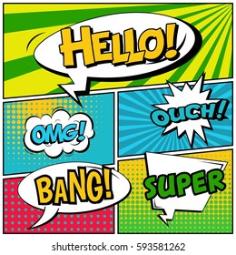 Abstract creative concept vector comic pop art style blank, layout template with clouds beams and isolated dots background. For sale banner, empty speech bubble set, illustration halftone book design