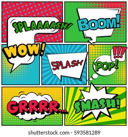 Abstract creative concept vector comic pop art style blank, layout template with clouds beams and isolated dots background. For sale banner, empty speech bubble set, illustration halftone book design