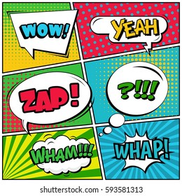 Abstract creative concept vector comic pop art style blank, layout template with clouds beams and isolated dots background. For sale banner, empty speech bubble set, illustration halftone book design