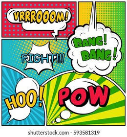 Abstract creative concept vector comic pop art style blank, layout template with clouds beams and isolated dots background. For sale banner, empty speech bubble set, illustration halftone book design