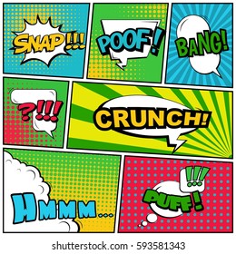 Abstract creative concept vector comic pop art style blank, layout template with clouds beams and isolated dots background. For sale banner, empty speech bubble set, illustration halftone book design