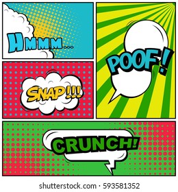 Abstract creative concept vector comic pop art style blank, layout template with clouds beams and isolated dots background. For sale banner, empty speech bubble set, illustration halftone book design