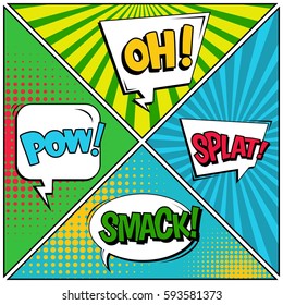 Abstract creative concept vector comic pop art style blank, layout template with clouds beams and isolated dots background. For sale banner, empty speech bubble set, illustration halftone book design