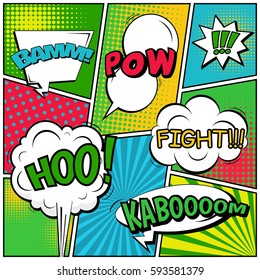 Abstract creative concept vector comic pop art style blank, layout template with clouds beams and isolated dots background. For sale banner, empty speech bubble set, illustration halftone book design