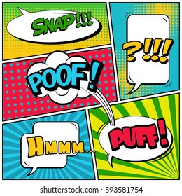 Abstract creative concept vector comic pop art style blank, layout template with clouds beams and isolated dots background. For sale banner, empty speech bubble set, illustration halftone book design