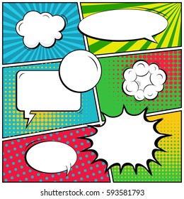 Abstract creative concept vector comic pop art style blank, layout template with clouds beams and isolated dots background. For sale banner, empty speech bubble set, illustration halftone book design