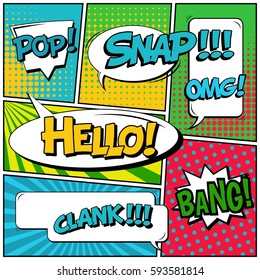 Abstract creative concept vector comic pop art style blank, layout template with clouds beams and isolated dots background. For sale banner, empty speech bubble set, illustration halftone book design