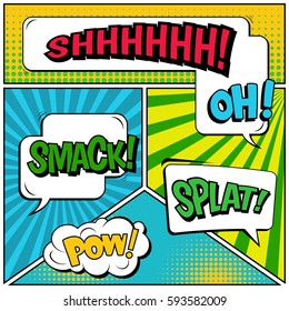 Abstract creative concept vector comic pop art style blank, layout template with clouds beams and isolated dots background. For sale banner, empty speech bubble set, illustration halftone book design