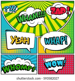 Abstract creative concept vector comic pop art style blank, layout template with clouds beams and isolated dots background. For sale banner, empty speech bubble set, illustration halftone book design
