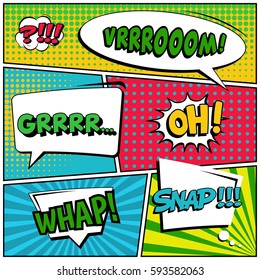 Abstract creative concept vector comic pop art style blank, layout template with clouds beams and isolated dots background. For sale banner, empty speech bubble set, illustration halftone book design