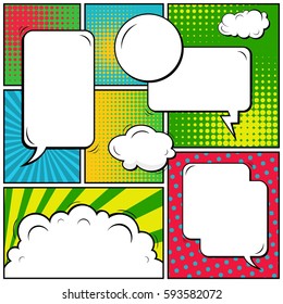 Abstract creative concept vector comic pop art style blank, layout template with clouds beams and isolated dots background. For sale banner, empty speech bubble set, illustration halftone book design
