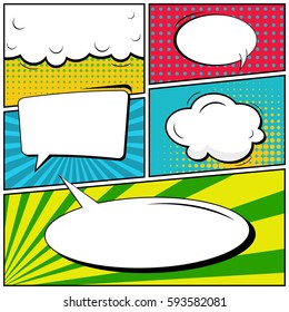 Abstract creative concept vector comic pop art style blank, layout template with clouds beams and isolated dots background. For sale banner, empty speech bubble set, illustration halftone book design