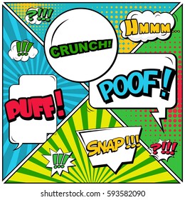 Abstract creative concept vector comic pop art style blank, layout template with clouds beams and isolated dots background. For sale banner, empty speech bubble set, illustration halftone book design