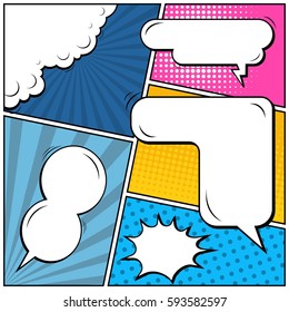 Abstract creative concept vector comic pop art style blank, layout template with clouds beams and isolated dots background. For sale banner, empty speech bubble set, illustration halftone book design