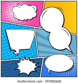Abstract creative concept vector comic pop art style blank, layout template with clouds beams and isolated dots background. For sale banner, empty speech bubble set, illustration halftone book design