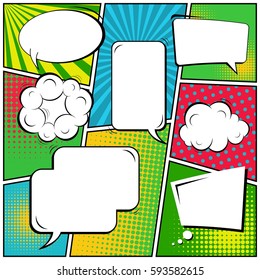 Abstract creative concept vector comic pop art style blank, layout template with clouds beams and isolated dots background. For sale banner, empty speech bubble set, illustration halftone book design