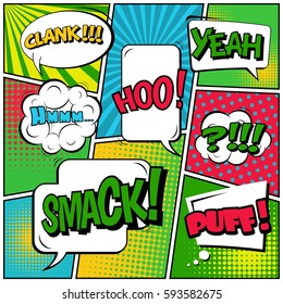 Abstract creative concept vector comic pop art style blank, layout template with clouds beams and isolated dots background. For sale banner, empty speech bubble set, illustration halftone book design