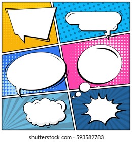 Abstract creative concept vector comic pop art style blank, layout template with clouds beams and isolated dots background. For sale banner, empty speech bubble set, illustration halftone book design