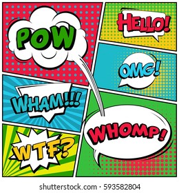 Abstract creative concept vector comic pop art style blank, layout template with clouds beams and isolated dots background. For sale banner, empty speech bubble set, illustration halftone book design