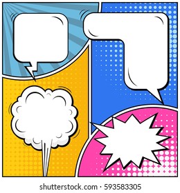 Abstract creative concept vector comic pop art style blank, layout template with clouds beams and isolated dots background. For sale banner, empty speech bubble set, illustration halftone book design