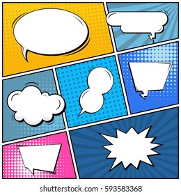 Abstract creative concept vector comic pop art style blank, layout template with clouds beams and isolated dots background. For sale banner, empty speech bubble set, illustration halftone book design