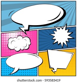 Abstract creative concept vector comic pop art style blank, layout template with clouds beams and isolated dots background. For sale banner, empty speech bubble set, illustration halftone book design