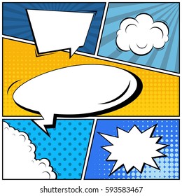 Abstract creative concept vector comic pop art style blank, layout template with clouds beams and isolated dots background. For sale banner, empty speech bubble set, illustration halftone book design