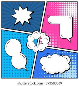 Abstract creative concept vector comic pop art style blank, layout template with clouds beams and isolated dots background. For sale banner, empty speech bubble set, illustration halftone book design