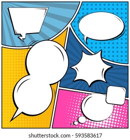 Abstract creative concept vector comic pop art style blank, layout template with clouds beams and isolated dots background. For sale banner, empty speech bubble set, illustration halftone book design