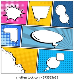 Abstract creative concept vector comic pop art style blank, layout template with clouds beams and isolated dots background. For sale banner, empty speech bubble set, illustration halftone book design