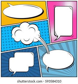 Abstract creative concept vector comic pop art style blank, layout template with clouds beams and isolated dots background. For sale banner, empty speech bubble set, illustration halftone book design