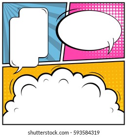 Abstract creative concept vector comic pop art style blank, layout template with clouds beams and isolated dots background. For sale banner, empty speech bubble set, illustration halftone book design