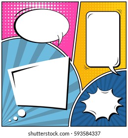 Abstract creative concept vector comic pop art style blank, layout template with clouds beams and isolated dots background. For sale banner, empty speech bubble set, illustration halftone book design