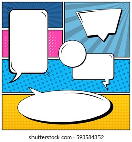 Abstract creative concept vector comic pop art style blank, layout template with clouds beams and isolated dots background. For sale banner, empty speech bubble set, illustration halftone book design