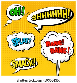 Abstract creative concept vector comic pop art style blank, layout template with clouds beams and isolated dots background. For sale banner, empty speech bubble set, illustration halftone book design