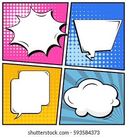 Abstract creative concept vector comic pop art style blank, layout template with clouds beams and isolated dots background. For sale banner, empty speech bubble set, illustration halftone book design