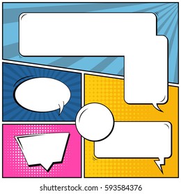 Abstract creative concept vector comic pop art style blank, layout template with clouds beams and isolated dots background. For sale banner, empty speech bubble set, illustration halftone book design