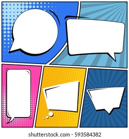 Abstract creative concept vector comic pop art style blank, layout template with clouds beams and isolated dots background. For sale banner, empty speech bubble set, illustration halftone book design