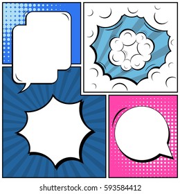 Abstract creative concept vector comic pop art style blank, layout template with clouds beams and isolated dots background. For sale banner, empty speech bubble set, illustration halftone book design