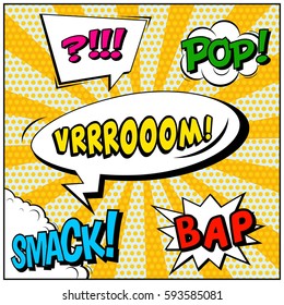 Abstract creative concept vector comic pop art style blank, layout template with clouds beams and isolated dots background. For sale banner, empty speech bubble set, illustration halftone book design