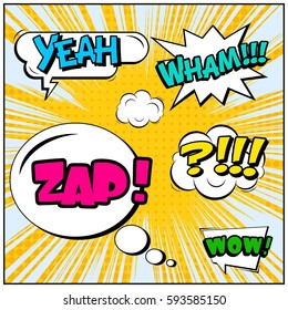 Abstract creative concept vector comic pop art style blank, layout template with clouds beams and isolated dots background. For sale banner, empty speech bubble set, illustration halftone book design