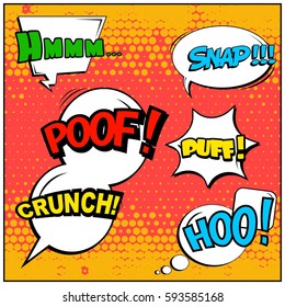Abstract creative concept vector comic pop art style blank, layout template with clouds beams and isolated dots background. For sale banner, empty speech bubble set, illustration halftone book design