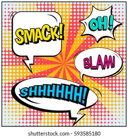Abstract creative concept vector comic pop art style blank, layout template with clouds beams and isolated dots background. For sale banner, empty speech bubble set, illustration halftone book design