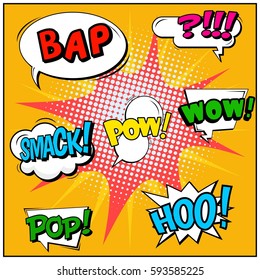 Abstract creative concept vector comic pop art style blank, layout template with clouds beams and isolated dots background. For sale banner, empty speech bubble set, illustration halftone book design