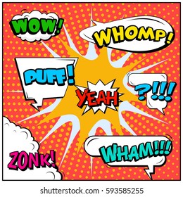 Abstract creative concept vector comic pop art style blank, layout template with clouds beams and isolated dots background. For sale banner, empty speech bubble set, illustration halftone book design