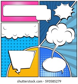 Abstract creative concept vector comic pop art style blank, layout template with clouds beams and isolated dots background. For sale banner, empty speech bubble set, illustration halftone book design